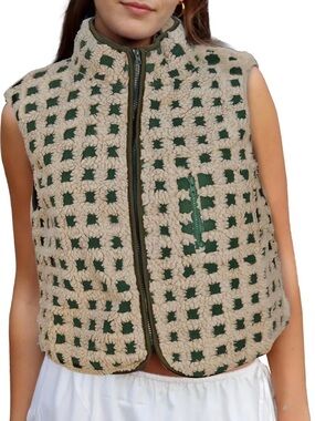 Women's Beige & Green Sherpa Grid Zip Vest